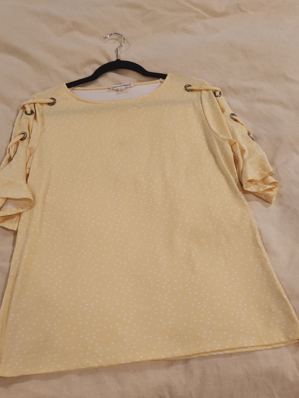 Polka Dot Lace-Up Sleeve Blouse in Pale Yellow